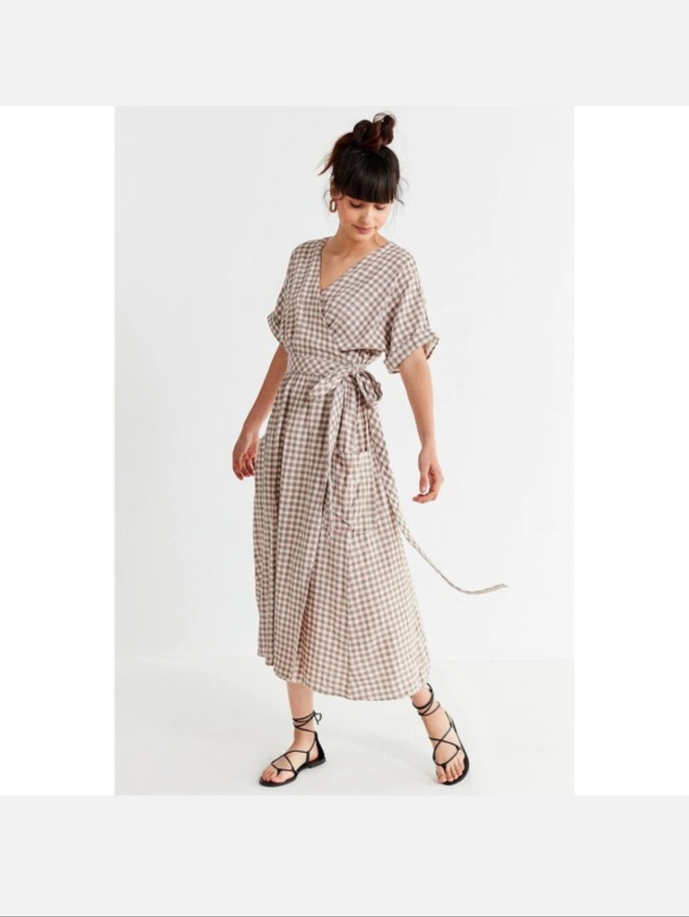 Urban Outfitters Brown gingham Wrap Midi Dress Short Puff Sleeve Large picnic
